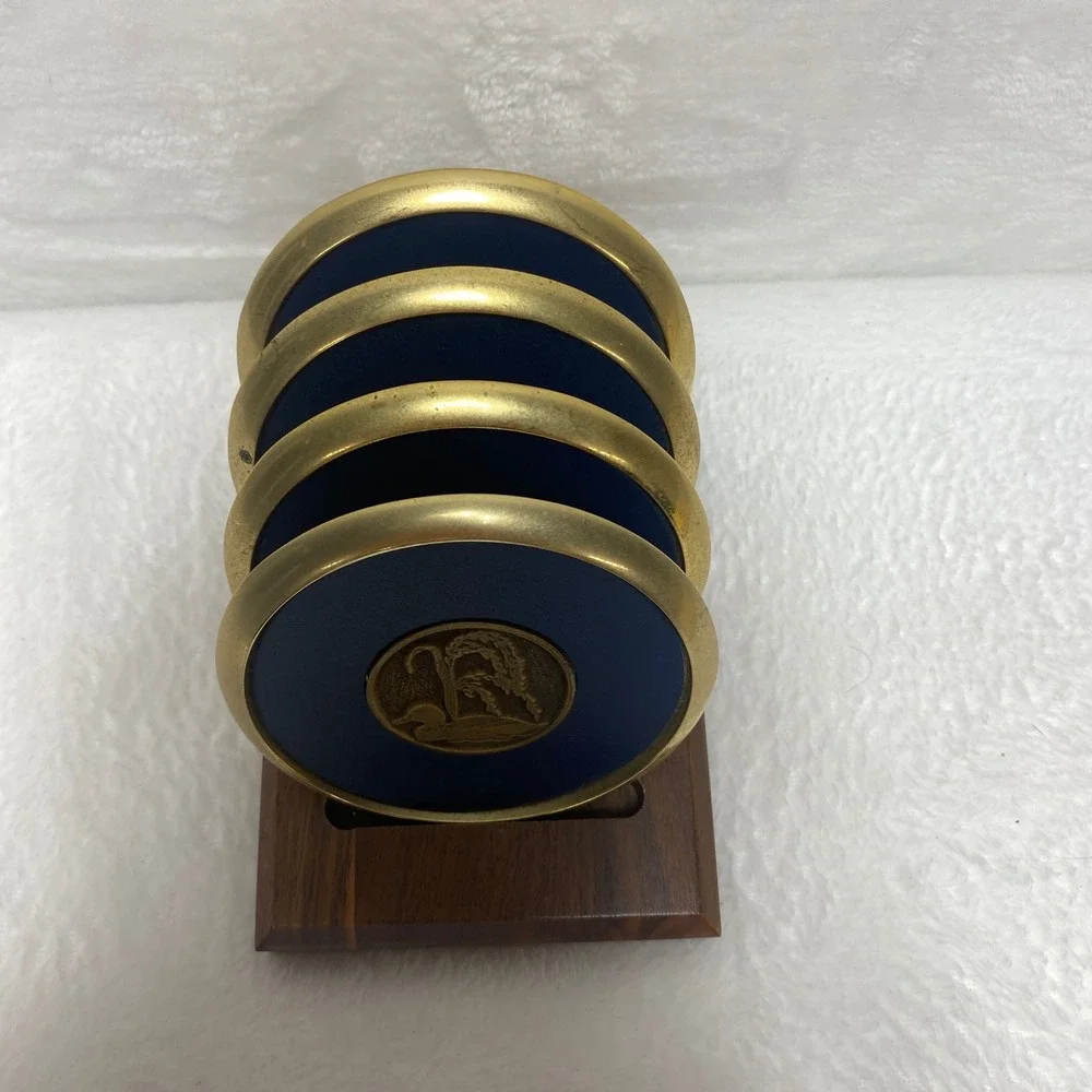 Vintage Duck Coasters Brass Wood Coaster Set of 4 Wooden Holder Man Cave‎ Bar